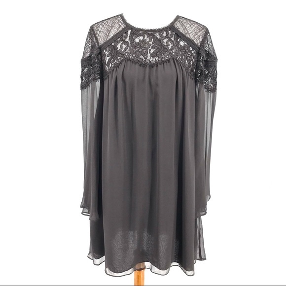 Rebecca Taylor Dresses & Skirts - Rebecca Taylor Grey Black Long Sleeve Lace Yoke Silk Chiffon Dress